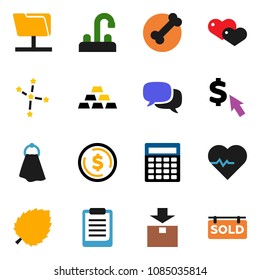 solid vector icon set - towel vector, water tap, clipboard, leaf, constellation, dollar coin, calculator, cursor, gold ingot, heart pulse, bone, package, dialog, network folder, sold signboard