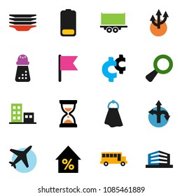solid vector icon set - towel vector, plates, hand mill, school bus, flag, percent growth, sand clock, cent sign, route, plane, truck trailer, battery, magnifier, arrow, apartments, office building