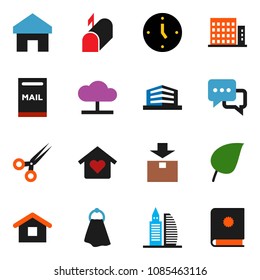 solid vector icon set - towel vector, leaf, clock, package, dialog, scissors, cloud network, home, mailbox, apartments, office building, love, catalog