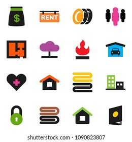 solid vector icon set - towel vector, plates, man, flammable, heart cross, cloud network, lock, house, garage, plan, rent signboard, apartments, money bag, home, catalog