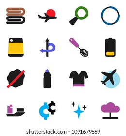 solid vector icon set - towel vector, shining, splotch, skimmer, cutting board, cent sign, t shirt, water bottle, hoop, route, plane, ship, battery, magnifier, cloud network