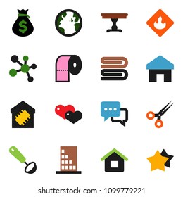 solid vector icon set - towel vector, toilet paper, ladle, money bag, molecule, earth, flammable, dialog, heart, scissors, home, house, table, smart, building, star