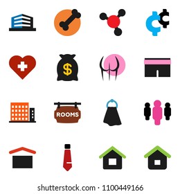 solid vector icon set - towel vector, molecule, man, tie, cent sign, buttocks, shorts, heart cross, bone, dry cargo, house, rooms signboard, apartments, office building, money bag, home
