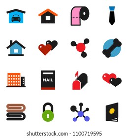 solid vector icon set - towel vector, toilet paper, molecule, tie, bone, heart, lock, house, mailbox, garage, apartments, home, catalog