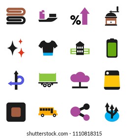 solid vector icon set - towel vector, shining, cutting board, hand mill, school building, bus, percent growth, t shirt, route, ship, truck trailer, battery, stop button, cloud network, share, arrow
