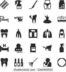 Solid vector icon set - towel flat vector, pulverizer, rake, planting plants, garden wheelbarrow, pill packaging, hospital bed, injury, ambulance, diagnostics, ampoule, helicopter, nurse, scalpel