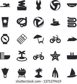 Solid vector icon set - towel flat vector, barbecue, volleyball, bicycle, swimsuit, swimming, hotel first line fector, sea beach, chaise lounge, sun protection cream, island, surfing, mask, flippers