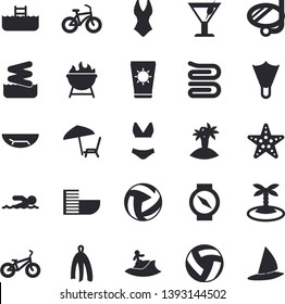 Solid vector icon set - towel flat vector, barbecue, cocktail, volleyball, bicycle, swimsuit, swimming, hotel first line fector, sea beach, chaise lounge, sun protection cream, island, surfing, mask