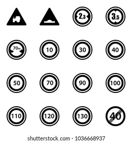 Solid vector icon set - tractor way vector road sign, artificial unevenness, limited width, height, distance, speed limit 10, 30, 40, 50, 70, 90, 100, 110, 120, 130, end