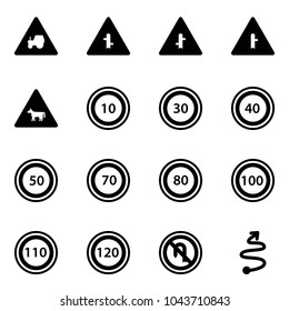 Solid vector icon set - tractor way vector road sign, intersection, cow, speed limit 10, 30, 40, 50, 70, 80, 100, 110, 120, no turn back, trip