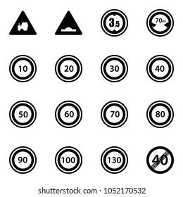 Solid vector icon set - tractor way vector road sign, artificial unevenness, limited height, distance, speed limit 10, 20, 30, 40, 50, 60, 70, 80, 90, 100, 130, end