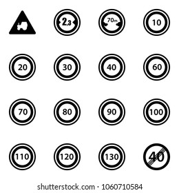 Solid vector icon set - tractor way vector road sign, limited width, distance, speed limit 10, 20, 30, 40, 60, 70, 80, 90, 100, 110, 120, 130, end