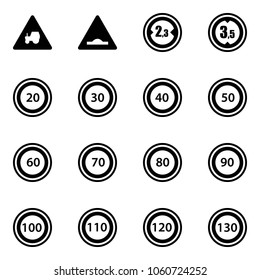 Solid vector icon set - tractor way vector road sign, artificial unevenness, limited width, height, speed limit 20, 30, 40, 50, 60, 70, 80, 90, 100, 110, 120, 130