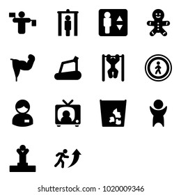 Solid vector icon set - traffic controller vector, metal detector gate, elevator, cake man, power hand, treadmill, pull ups, no pedestrian road sign, manager, tv news, garbage, success, winner