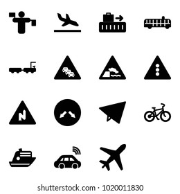Solid vector icon set - traffic controller vector, arrival, baggage, airport bus, truck, multi lane road sign, embankment, light, abrupt turn right, detour, paper fly, bike, cruiser, car wireless