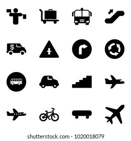 Solid vector icon set - traffic controller vector, baggage, airport bus, escalator up, encashment car, intersection road sign, only right, circle, stairs, plane, bike, skateboard