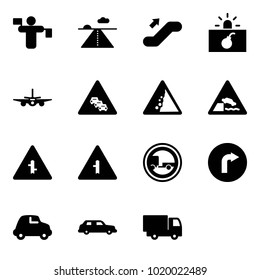 Solid vector icon set - traffic controller vector, runway, escalator up, terrorism, plane, multi lane road sign, landslide, embankment, intersection, no trailer, only right, car, limousine
