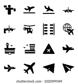 Solid vector icon set - traffic controller vector, departure, arrival, plane, boarding passengers, helicopter, seats, globe, airport building, road sign, paper