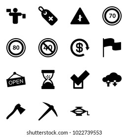 Solid vector icon set - traffic controller vector, medical label, intersection road sign, speed limit 70, 80, end minimal, dollar reload, flag, open, sand clock, check, cloud exchange data, axe