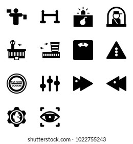 Solid vector icon set - traffic controller vector, vip zone, terrorism, officer window, airport building, floor scales, light road sign, customs, settings, fast forward, backward, gear globe