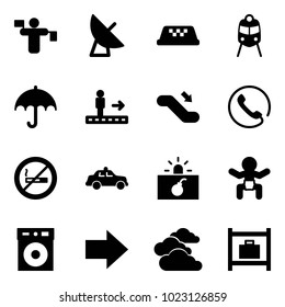 Solid vector icon set - traffic controller vector, satellite antenna, taxi, train, insurance, travolator, escalator down, phone, no smoking sign, safety car, terrorism, baby, right arrow, clouds