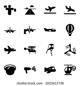 Solid vector icon set - traffic controller vector, runway, departure, arrival, plane, boarding passengers, small, air balloon, helicopter, kite, wind mill, protect glass, dryer, toy