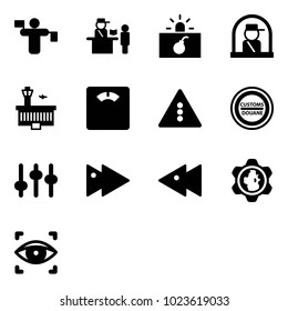 Solid vector icon set - traffic controller vector, passport control, terrorism, officer window, airport building, floor scales, light road sign, customs, settings, fast forward, backward, gear globe
