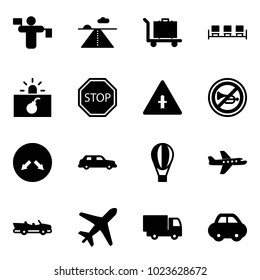 Solid vector icon set - traffic controller vector, runway, baggage, waiting area, terrorism, stop road sign, intersection, no horn, detour, limousine, air balloon, plane, cabrio, truck toy, car