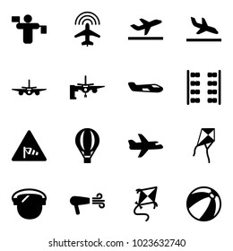 Solid vector icon set - traffic controller vector, plane radar, departure, arrival, boarding passengers, small, seats, side wind road sign, air balloon, kite, protect glass, dryer, beach ball