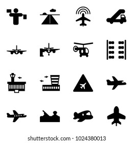 Solid vector icon set - traffic controller vector, runway, plane radar, trap truck, boarding passengers, helicopter, seats, airport building, road sign, jointer, toy