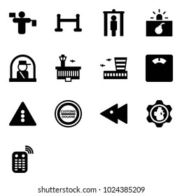 Solid vector icon set - traffic controller vector, vip zone, metal detector gate, terrorism, officer window, airport building, floor scales, light road sign, customs, fast backward, gear globe