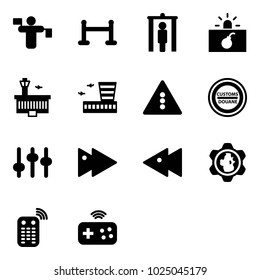 Solid vector icon set - traffic controller vector, vip zone, metal detector gate, terrorism, airport building, light road sign, customs, settings, fast forward, backward, gear globe, remote control