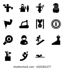 Solid vector icon set - traffic controller vector, passport control, santa claus, power hand, treadmill, pull ups, no pedestrian road sign, head hunter, manager, career, success, win, flying man