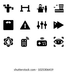 Solid vector icon set - traffic controller vector, vip zone, passport control, airport building, floor scales, light road sign, settings, fast forward, gear globe, remote, joystick wireless
