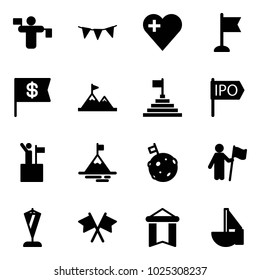 Solid vector icon set - traffic controller vector, flag garland, heart, dollar, attainment, pyramid, ipo, win, mountain, moon, pennant, flags cross, sailboat toy
