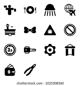 Solid vector icon set - traffic controller vector, plate spoon fork, shower, plane globe, airport building, bow, tunnel road sign, prohibition, limited height, key, gear, pennant, finance management