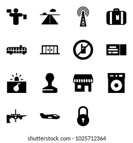 Solid vector icon set - traffic controller vector, runway, antenna, suitcase, airport bus, automatic doors, no mobile sign, ticket, terrorism, stamp, duty free, boarding passengers, small plane