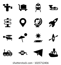 Solid vector icon set - traffic controller vector, baggage, train, sleigh, road signpost sign, map pin, globe, rocket, helicopter, beach, mat, kayak, moon rover, jack, paper plane, toy boat