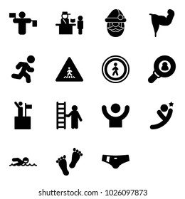 Solid vector icon set - traffic controller vector, passport control, santa claus, power hand, run, pedestrian road sign, no, head hunter, win, opportunity, success, flying man, swimming, feet