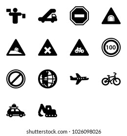 Solid vector icon set - traffic controller vector, trap truck, no way road sign, tunnel, steep roadside, railway intersection, for moto, speed limit 100, parking, globe, plane, bike, car baggage