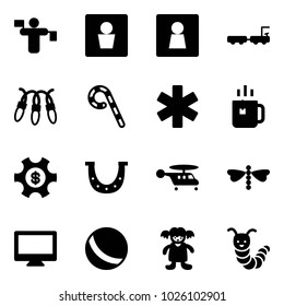 Solid vector icon set - traffic controller vector, male wc, female, baggage truck, garland, lollipop, ambulance star, green tea, money managemet, luck, helicopter, dragonfly, monitor, ball, doll