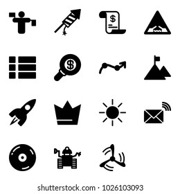 Solid vector icon set - traffic controller vector, firework rocket, account history, drawbridge road sign, menu, search money, chart point arrow, mountain, crown, sun, wireless mail, cd, robot
