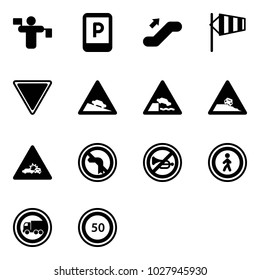 Solid vector icon set - traffic controller vector, parking sign, escalator up, side wind, giving way road, steep descent, embankment, roadside, car crash, no left turn, horn, pedestrian, truck