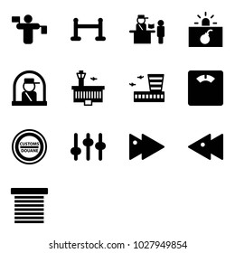 Solid vector icon set - traffic controller vector, vip zone, passport control, terrorism, officer window, airport building, floor scales, customs road sign, settings, fast forward, backward