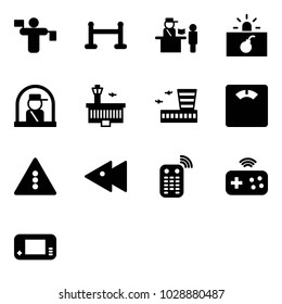 Solid vector icon set - traffic controller vector, vip zone, passport control, terrorism, officer window, airport building, floor scales, light road sign, fast backward, remote, joystick wireless