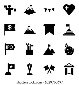 Solid vector icon set - traffic controller vector, mountains, flag garland, heart, dollar, attainment, pyramid, ipo, win, mountain, moon, pennant, flags cross