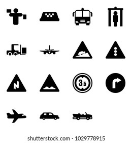Solid vector icon set - traffic controller vector, taxi, airport bus, metal detector gate, fork loader, plane, climb road sign, light, abrupt turn right, rough, limited height, only, limousine