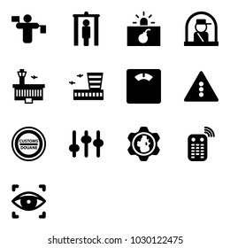Solid vector icon set - traffic controller vector, metal detector gate, terrorism, officer window, airport building, floor scales, light road sign, customs, settings, gear globe, remote control