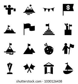 Solid vector icon set - traffic controller vector, mountains, flag garland, dollar, attainment, pyramid, win, mountain, moon, pennant, flags cross, sailboat toy