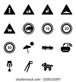 Solid vector icon set - traffic light vector road sign, children, wild animals, artificial unevenness, cow, no truck, speed limit 10, 20, 50, beach, cabrio, printer wireless, laser, plumber